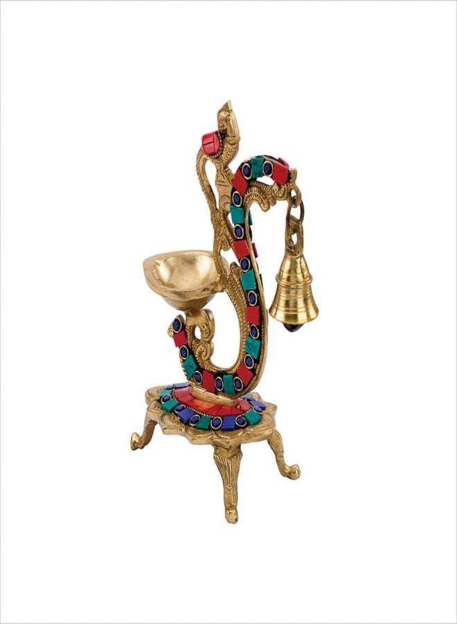 DEVDECOR Brass Peacock Design Diya with Bell - Gemstone Work Ethnic Antique Oil Lamp | Traditional Brass Diya for Home Temple Décor, Pooja Room & Festival Decoration, Standard Size, Pack of 1 - Image 4